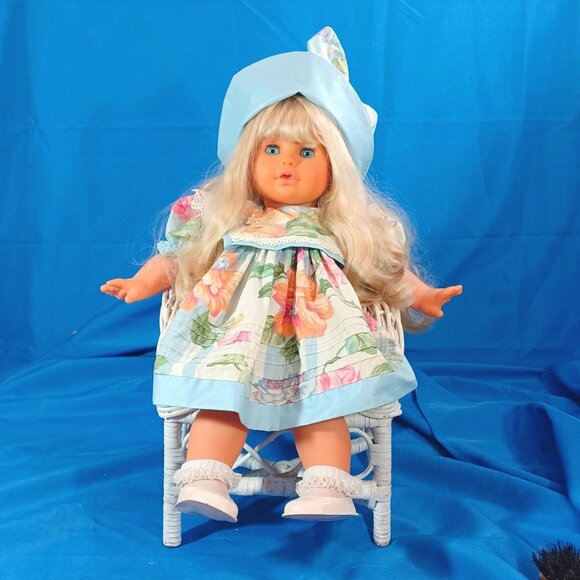 Vintage 1980s Zapf Balica Creation Baby Toddler Doll With Floral Dress/Blue Hat - Picture 3 of 16